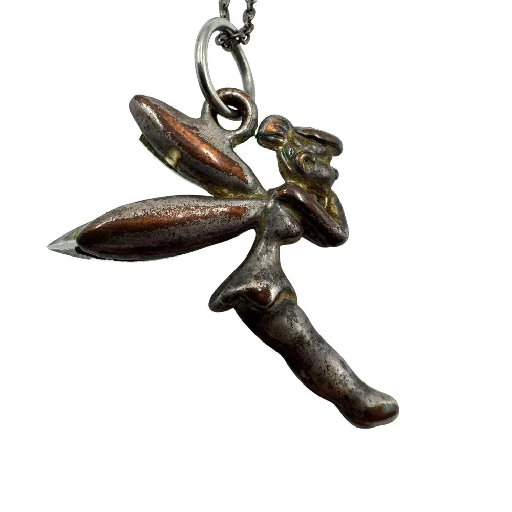 Vtg  Tinkerbell Fairy Pendant Necklace With Crystal Wings 925 Sterling Silver - Picture 2 of 7